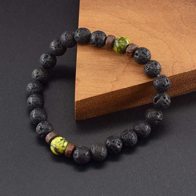 Yellow Grass Turquoises Natural Beads Bracelet Women Wooden Accessories Volcanic Lava Beads Elastic Rope Bangles Friendship Gift  (GoldenCity)