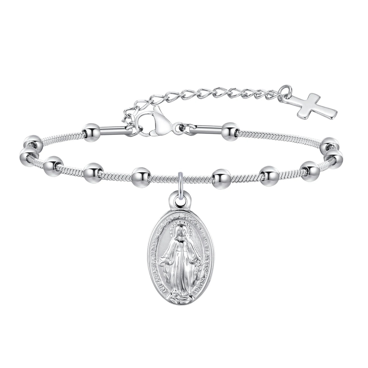 Double Sides Women Rosary Bracelets,Gold Plated Stainless Steel Religious Prayer Charm Bracelet,Cross Virgin Mary Bracelets  (GoldenCity)
