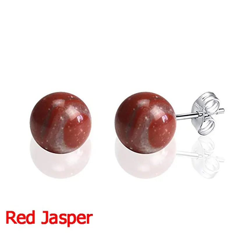 Fashion Simple Classic Natural Stone Opal Crystal Amethyst Aventurine Ball Round Bead Silver Stud Earring for Women Jewelry Gift  (GoldenCity)