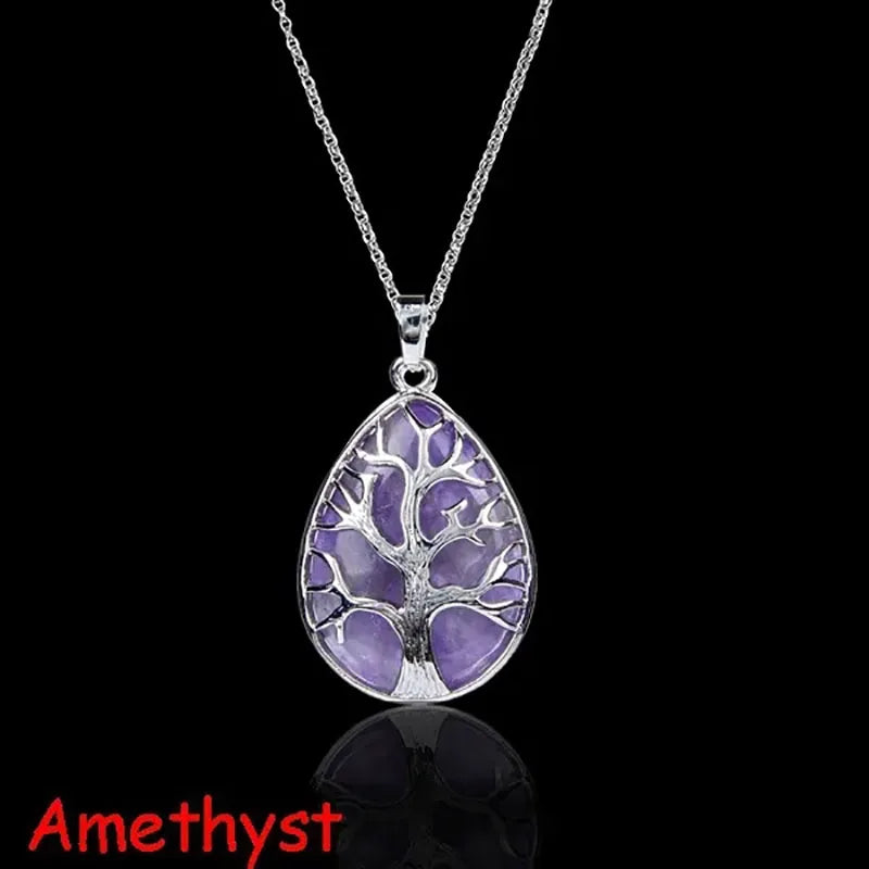 Tree of Life Natural Gemtone Crystal Amethyst Rose Quartz Tiger Eye Stone Water Drop Pendant Necklace for Women Men Jewelry  (GoldenCity)