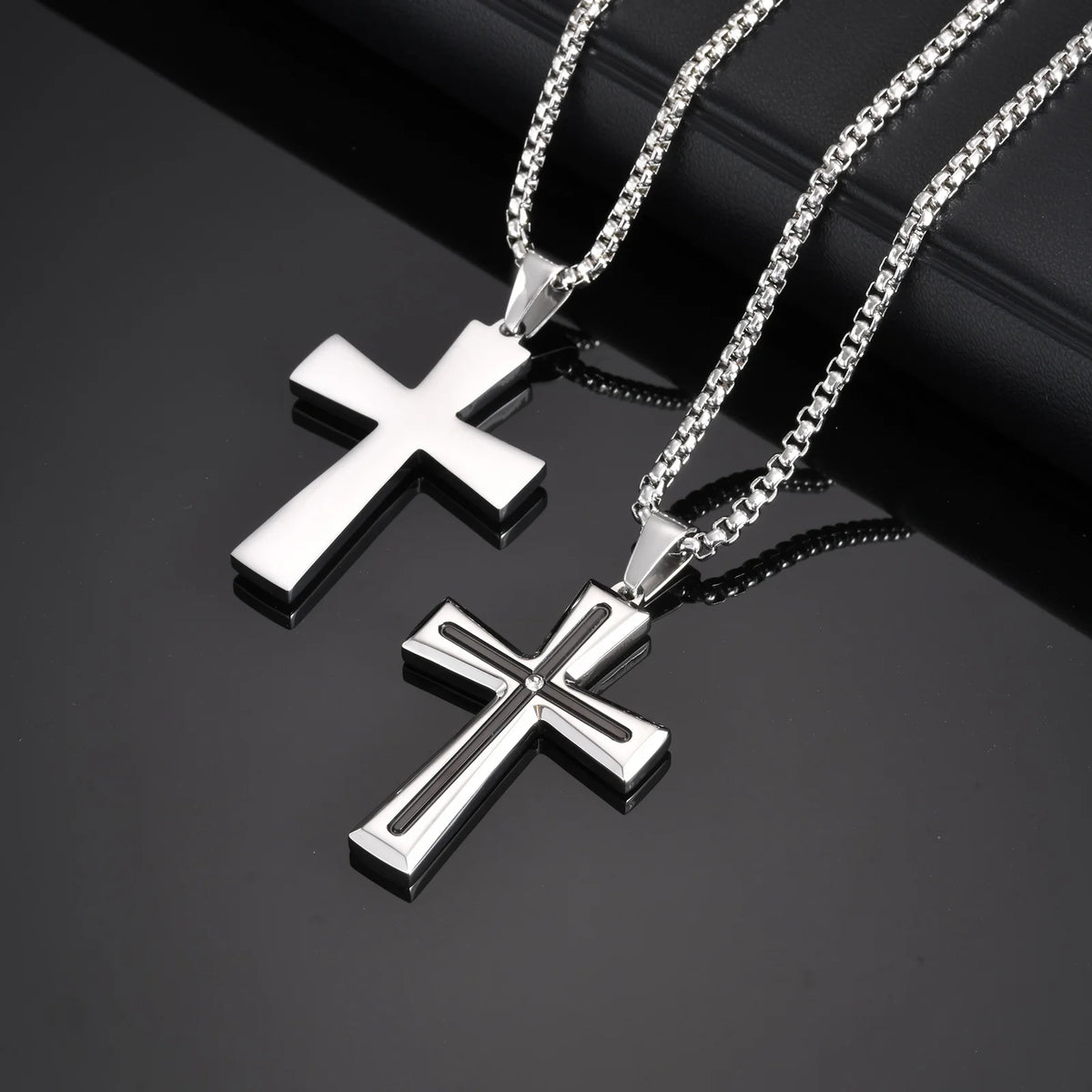 Cubic Zirconia Stone Centered Cross Necklaces for Men, Black Silver Color Stainless Steel Pendant,Religious Accessory Gift  (GoldenCity)