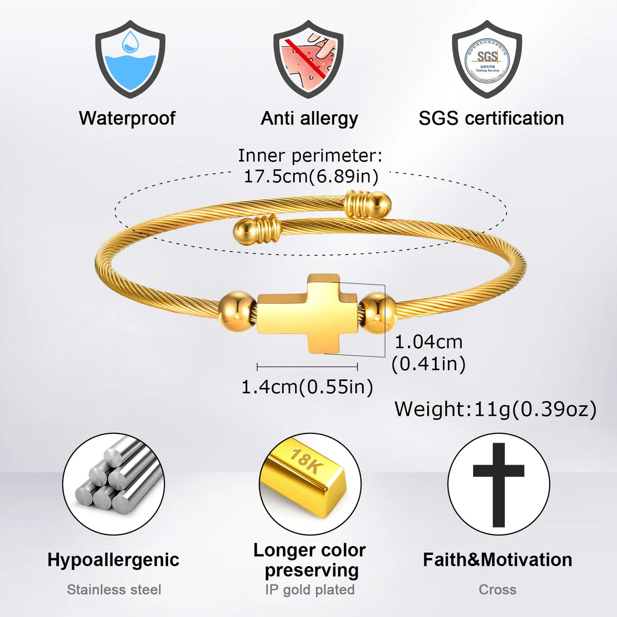 Cable Wire Cuff Bracelet for Men Women,Retro Black Cross Bangles, Unisex Twisted Stainless Steel Faith Christ Jewelry  (GoldenCity)