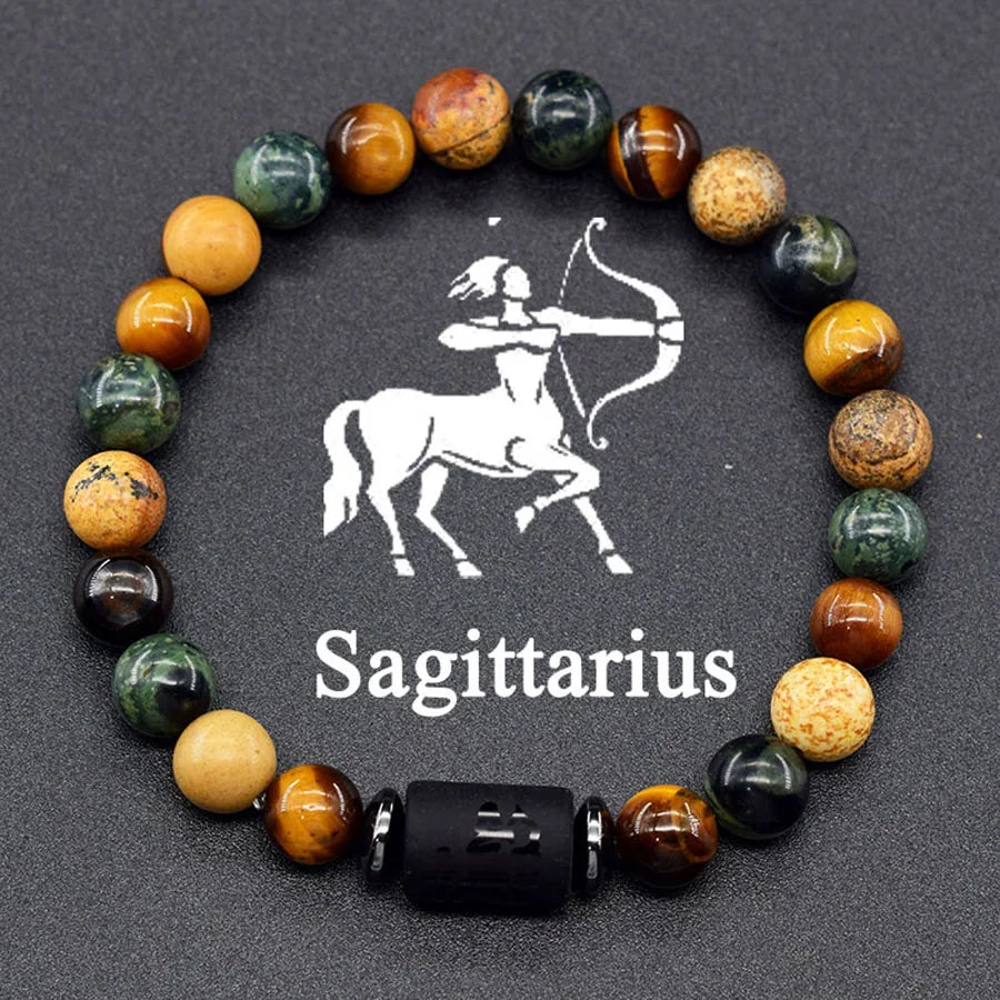 12 Zodiac Sign Bracelet Homme Constellation Bangle Natural Yellow Tiger Eye Stone Hematite Cancer Virgo Leo Libra Bracelet Women  (GoldenCity)