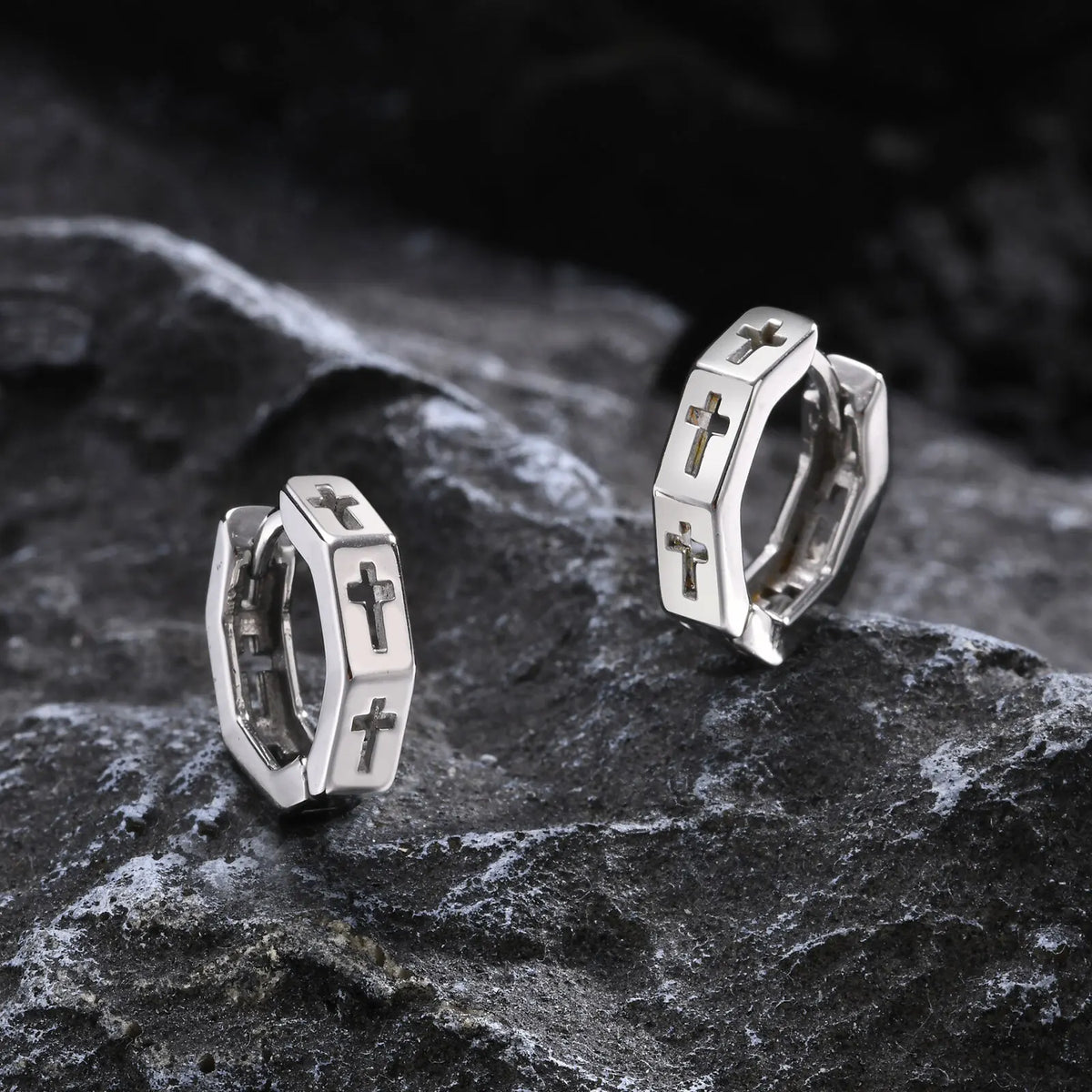 Anti Allergy Stainless Steel Hoop Earrings for Men Boys, Hollow Cross Huggies, Geometric Octagon Ear Jewelry  (GoldenCity)