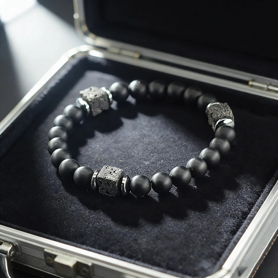 Natural Black Matte Obsidian Stone Beads Bracelet Men Women Cube Frosted Volcanic Handmade Jewelry Birthday Gift for Boyfriend  (GoldenCity)