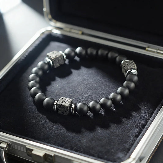 Natural Black Matte Obsidian Stone Beads Bracelet Men Women Cube Frosted Volcanic Handmade Jewelry Birthday Gift for Boyfriend  (GoldenCity)