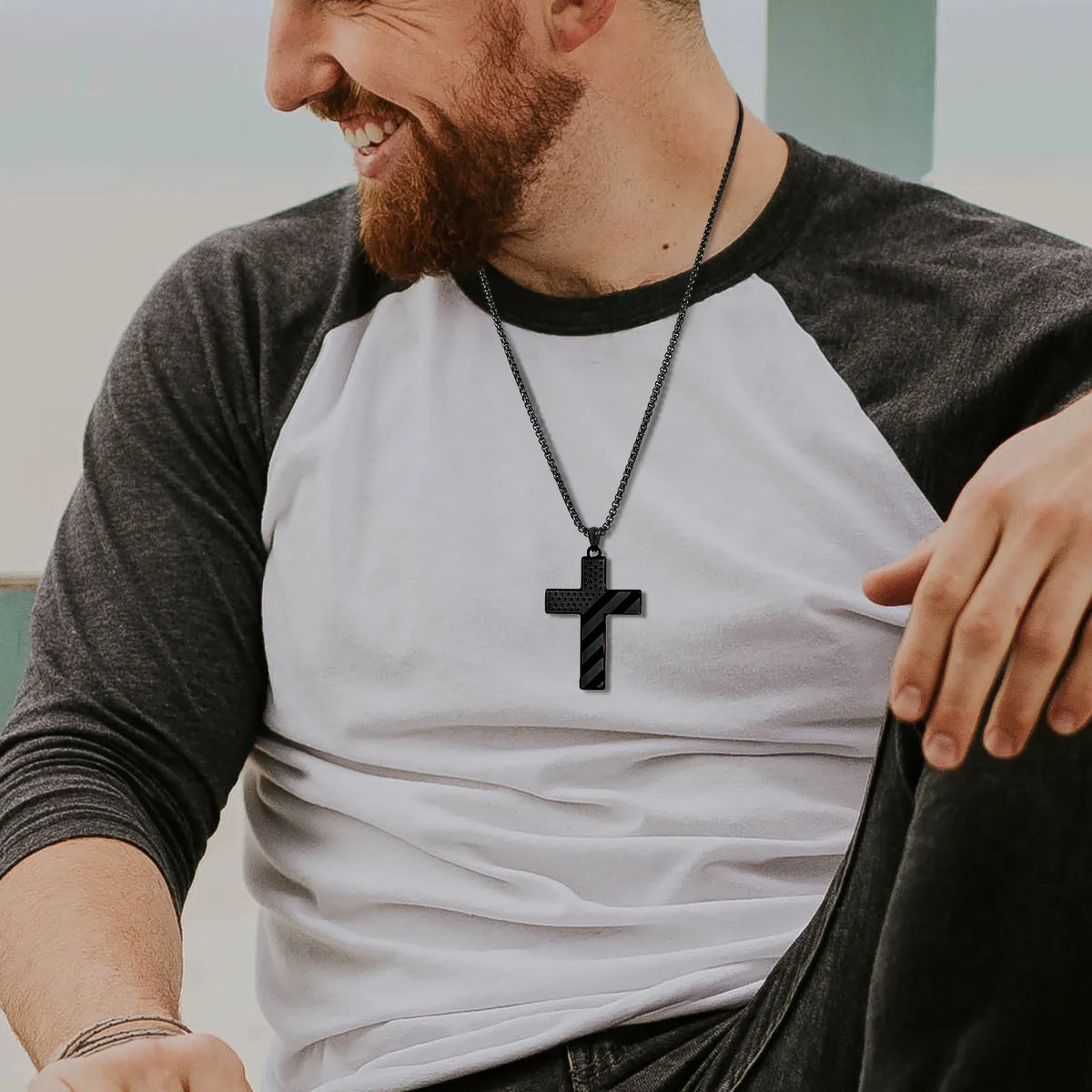 American Flag Cross Pendant Necklace for Men, Bold US Flag Textured Pendant, Black Stainless Steel Faith Jewelry  (GoldenCity)