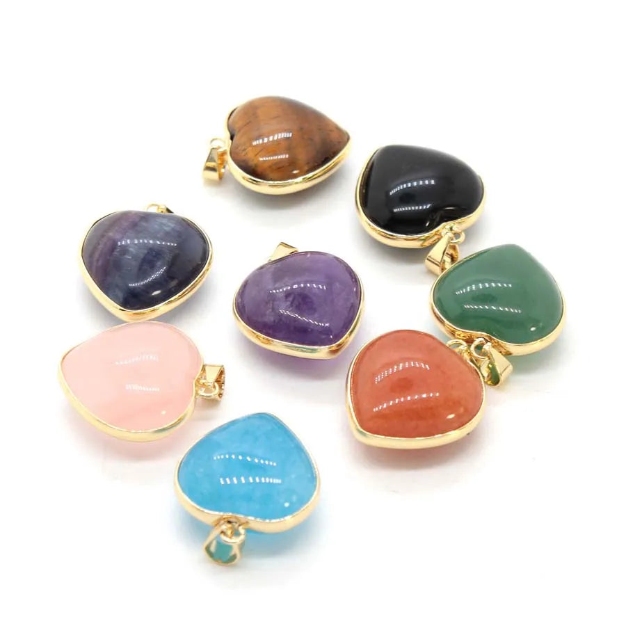 Charms Natural Healing Crystal Heart Stone Pendants For Women Necklace DIY Amethyst Rose Quartz Gemstone Choice Men Jewelry  (GoldenCity)