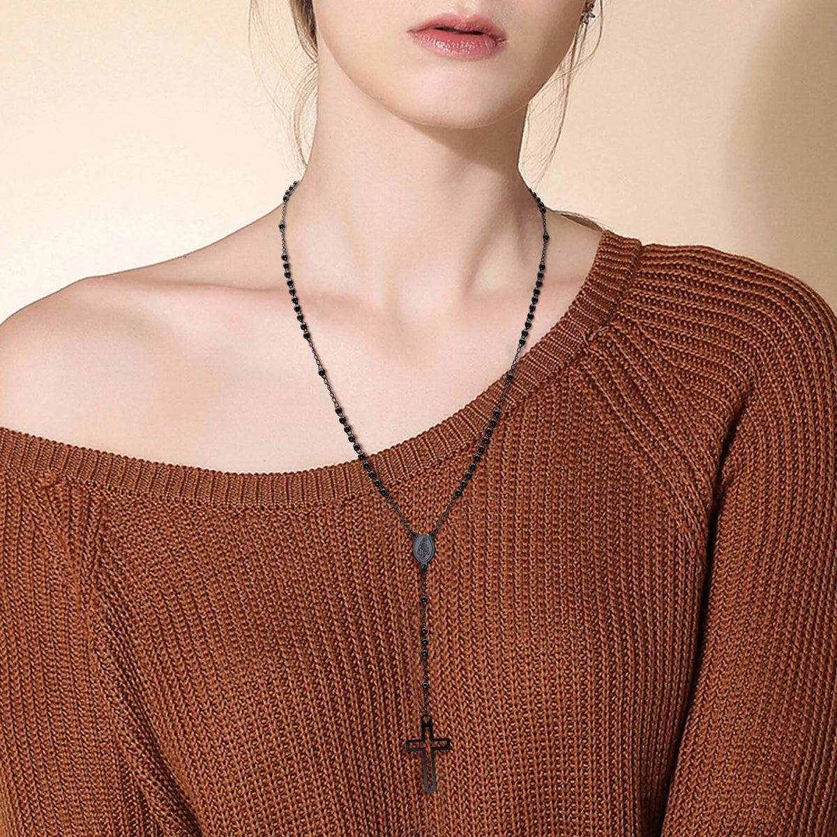 Cross Rosary Necklaces for Women, Hollow Cross Maria Pendant, Stainless Steel Christ Jesus Prayer Jewelry  (GoldenCity)