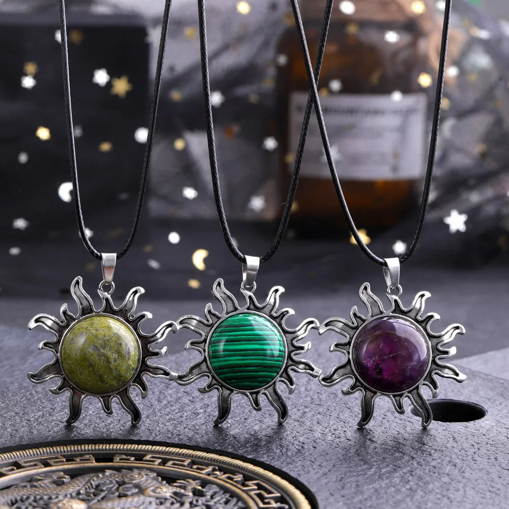 Fashion Natural Gem Stone Quartz Crystal Tiger-eye Plated Silver Alloy Sun Pendant Jewelry Making Accessories Sun Necklace Gift  (GoldenCity)