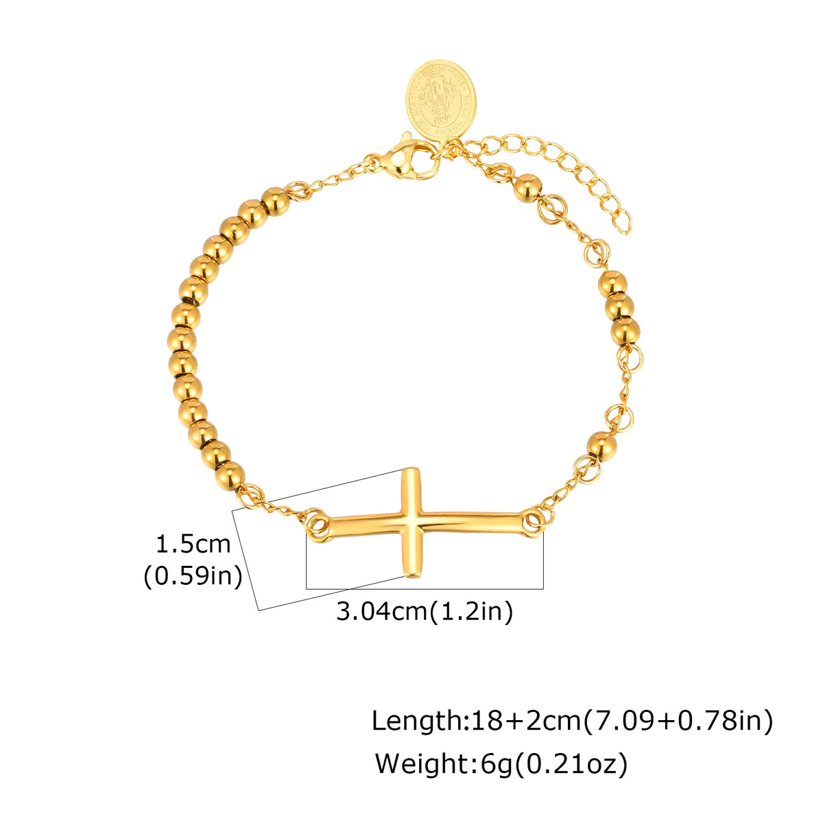 Saint Benedict Cross Bracelets,Stainless Steel Bead Chain Stretch Strand Bracelets For Women Men,Religion Jewelry Christ  (GoldenCity)