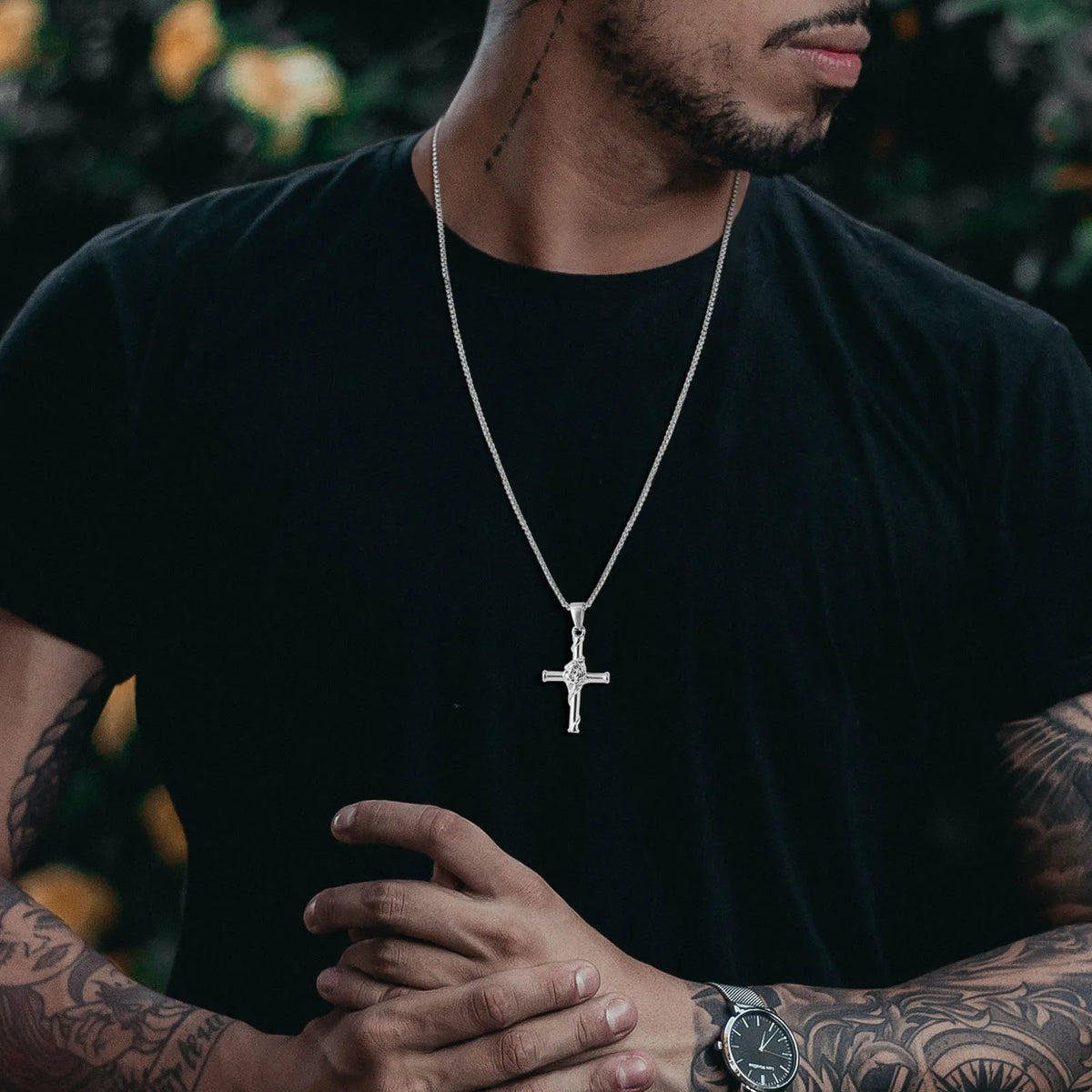 Men Cross Necklace, Stainless Steel Rose Cross Pendant with Box Chain, Unisex Cool Crucifix Jesus Faith Aesthetic Collar  (GoldenCity)