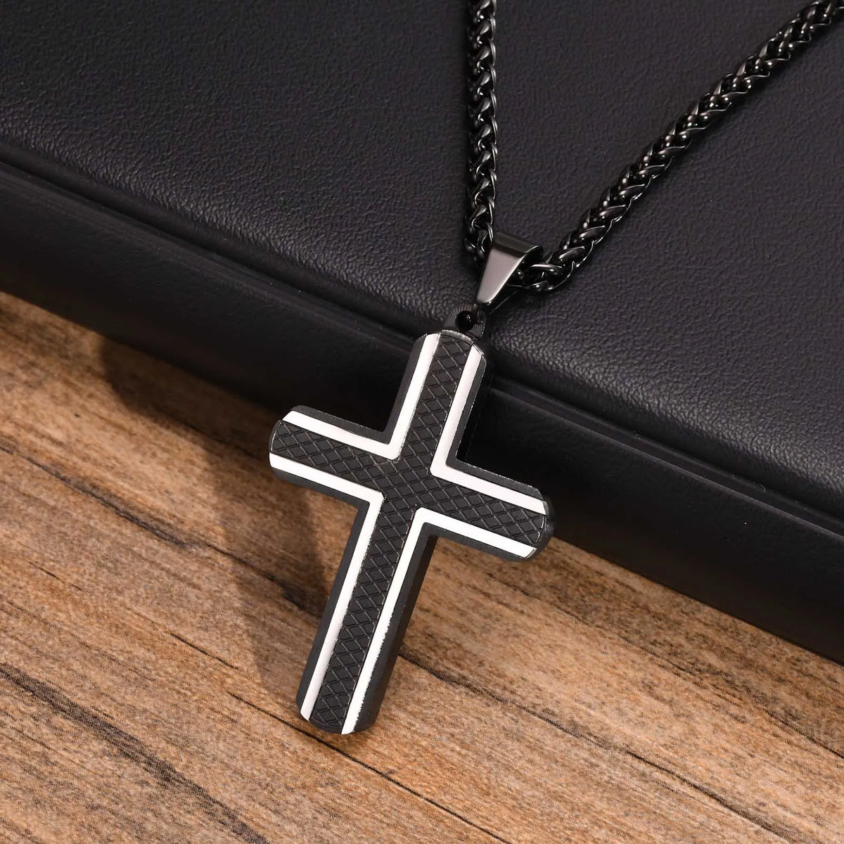 Cross Necklaces for Men, Blue Black Rhombus Stainless Steel with 60cm Wheat Chain, Stylish Cool Christ Jesus Faith Jewelry  (GoldenCity)