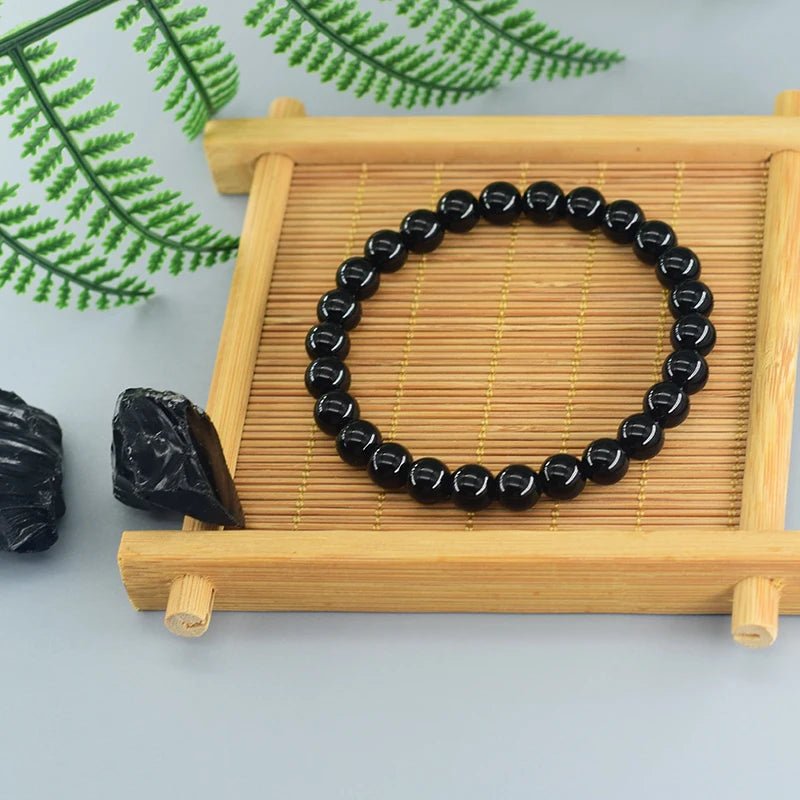 Classic Black Onyx Bead Bracelet for Men Natural Stone Shiny Black Obisidian Handmade Bracelet Yoga Meditation Jewelry Wholesale  (GoldenCity)