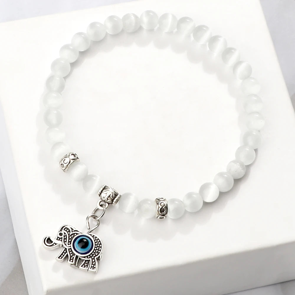New Charm 6MM White Cat Eye Beaded Bracelet Turkish Evil Eye Butterfly Owl Turtle Pendant Bangles Chain Jewelry Gift for Friend  (GoldenCity)
