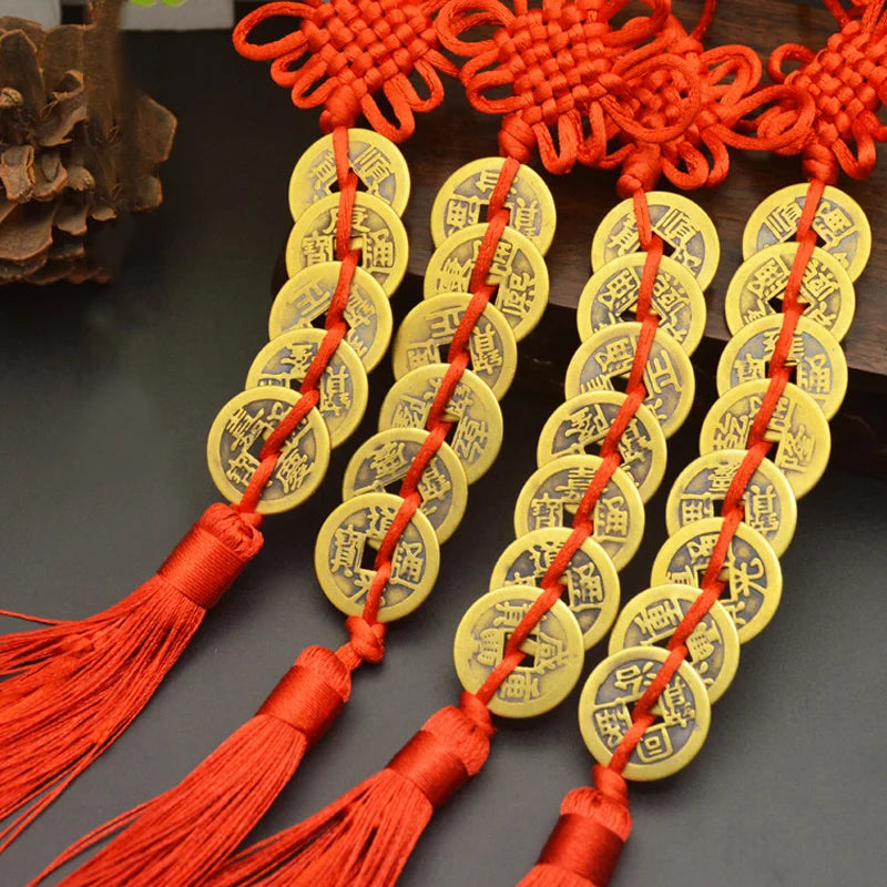 Red Yellow Chinese Knot Feng Shui Money Wealth Success Copper Ancien Coins Lucky Charm Home Decoration Ten emperors Antique Fortune  (GoldenCity)