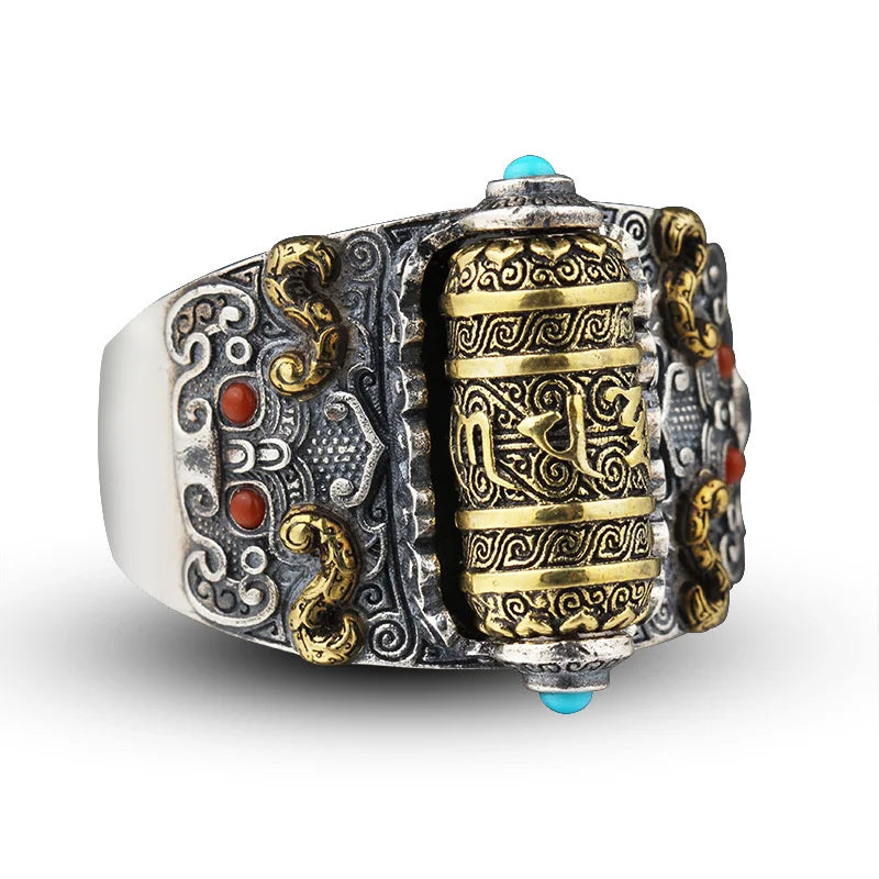 Retro Buddhist Scripture Ring Can Be Rotatable For Men Jewelry Personality Silver 925 Ring Adjustable Male Index Finger Bijou  (GoldenCity)