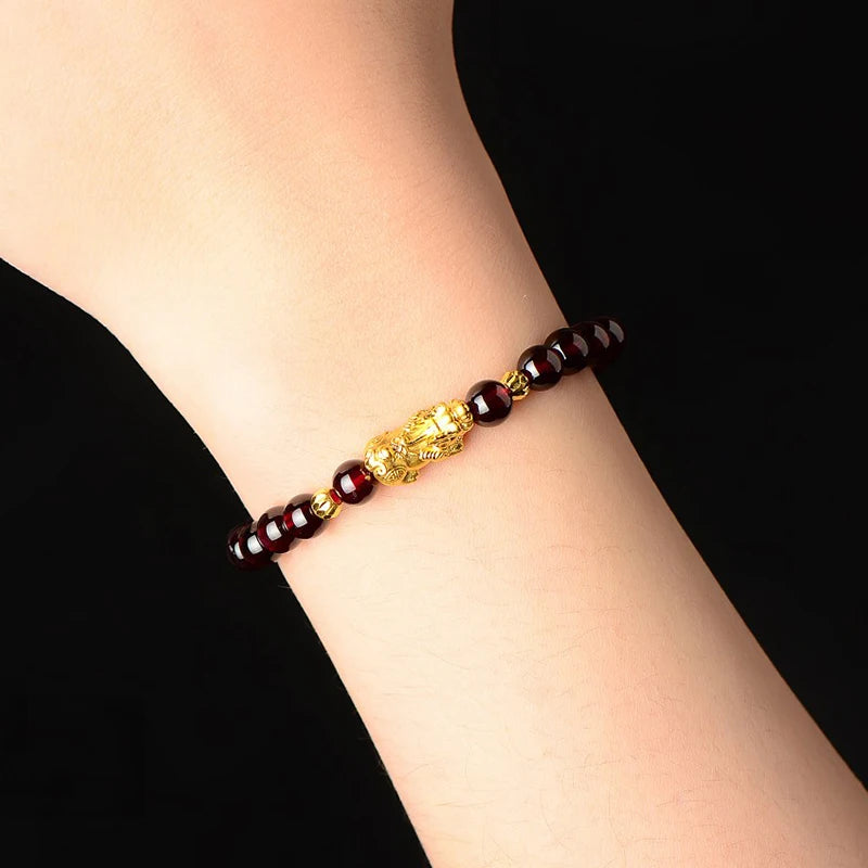 Feng Shui Obsidian Stone Beads Bracelet Men Women Wristband Gold Color Wealth and Good Luck Six Character Proverbs Bracelet  (GoldenCity)