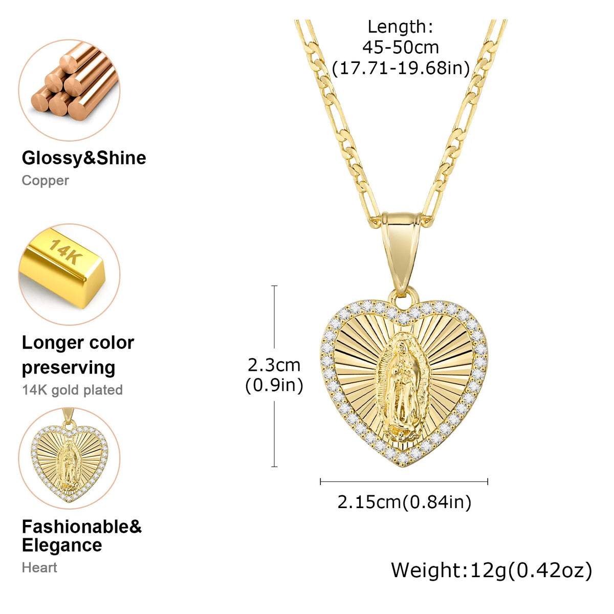 Heart Guadalupe Virgin Mary Necklace for Women,Cubic Zirconia Mother Mary Catholic Necklace Lady of Guadalupe Jewelry  (GoldenCity)