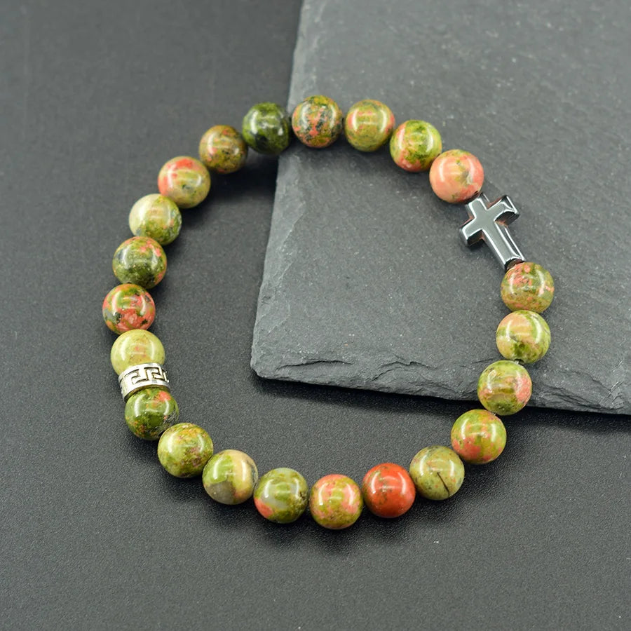 Prayer Cross Charm Natural Stone Beads Bracelet Men Women Rosary Hematite Cross Bracelet Onyx Meditation Bracelet Yoga Jewelry  (GoldenCity)