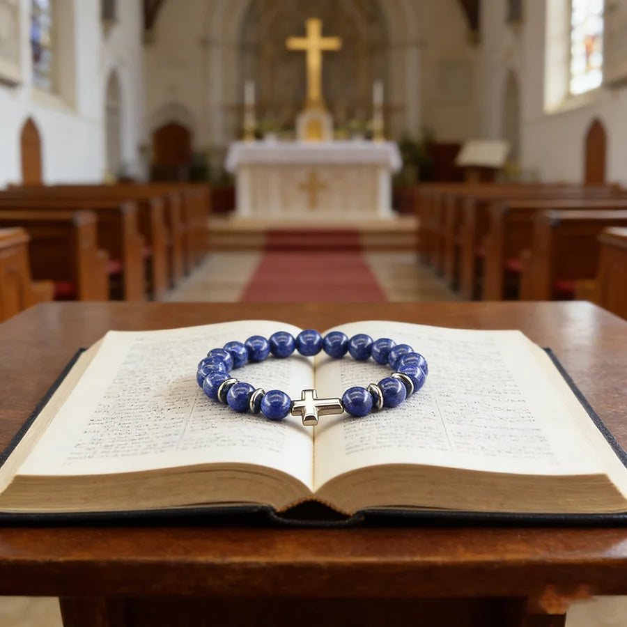 Prayer Cross Charm Natural Stone Beads Bracelet Men Women Rosary Hematite Cross Bracelet Onyx Meditation Bracelet Yoga Jewelry  (GoldenCity)