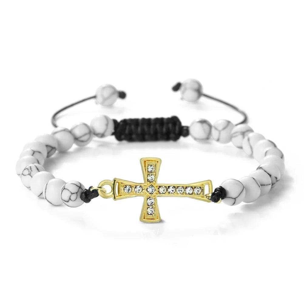New Charm Jesus Cross Pendant Braided Bracelet 6mm Black Matte Malachite Couple Bracelet Women Men Healing Jewelry Gift  (GoldenCity)