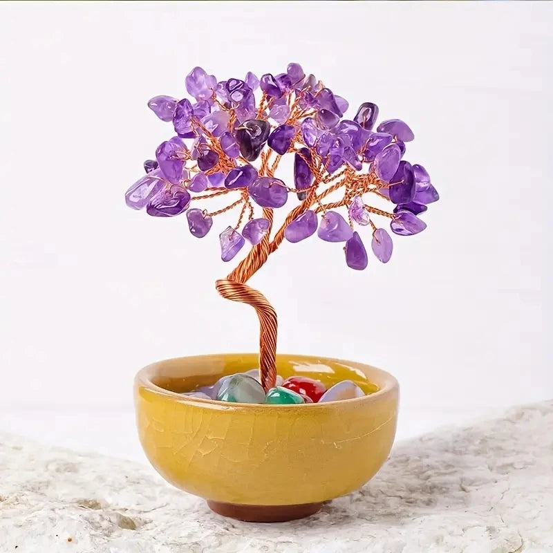 1PC Natural Crystal Tree Energy Stone Citrine Amethyst Money Tree Copper Wire Wrapped Colorful Teabowl Yoga Feng Shui Trees  (GoldenCity)