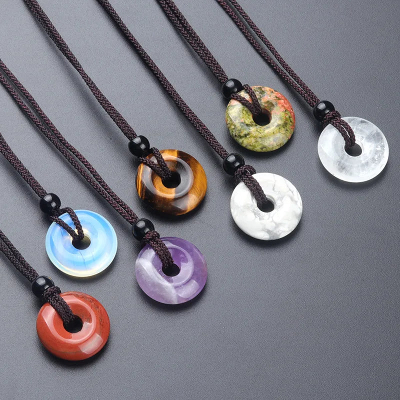 20mm Circle Donut Healing Crystals Necklace Natural Chakra Gemstone Stone Amulet Lucky Coin Donuts Charm Protection Quartz Agate  (GoldenCity)