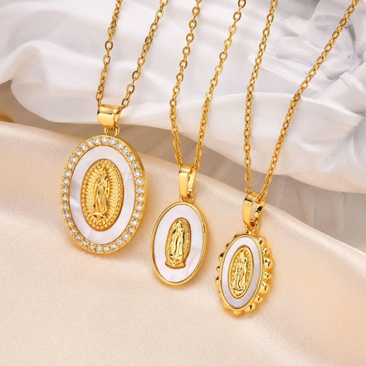 Guadalupe Virgin Mary Necklace for Women Teens, Gold Plated Oval Zircon Inlay Mary Pendant Collar Faith Gift  (GoldenCity)