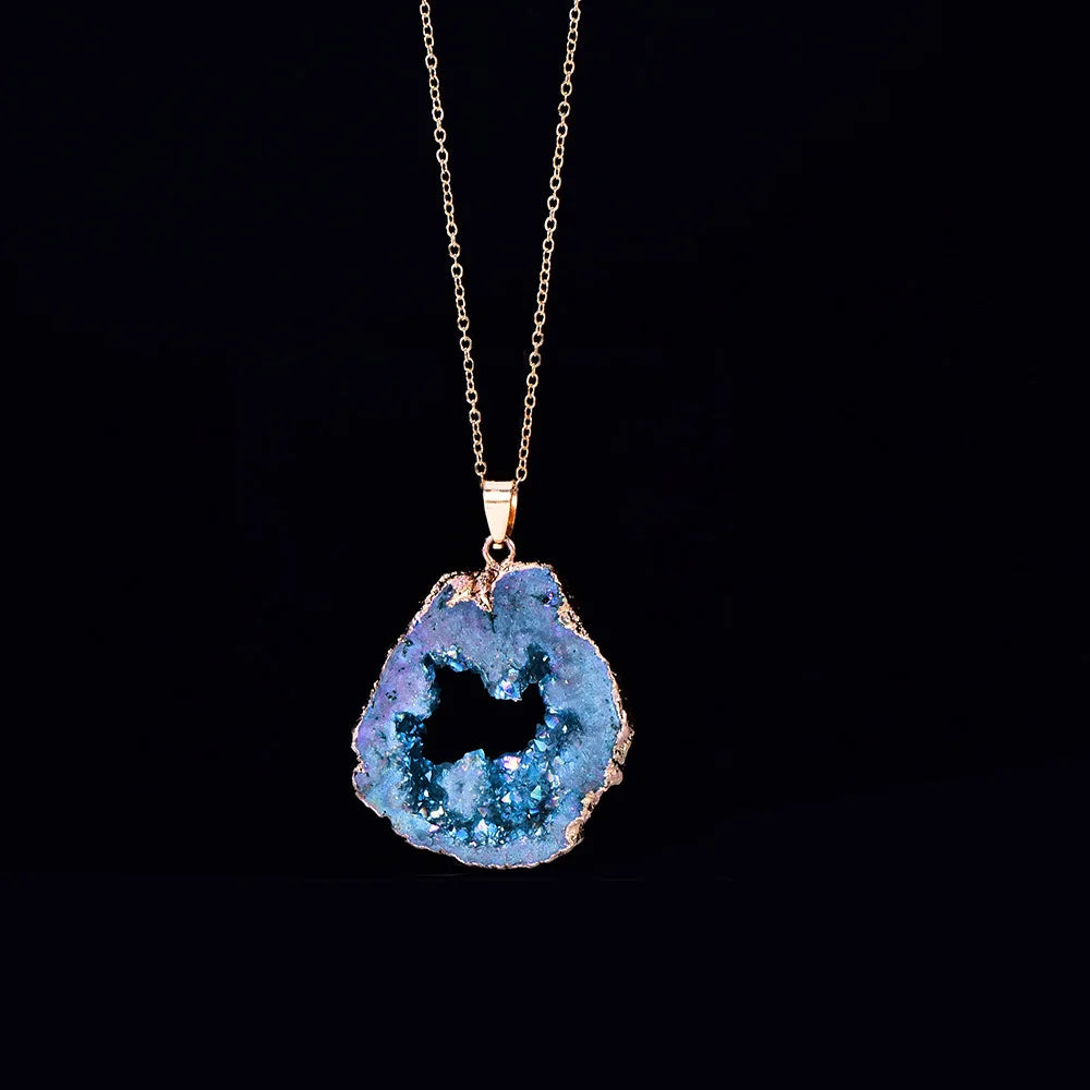 Natural Irregular Agate Charms Geode Quartz Slice Crystal Druzy Pendant Necklace DIY Jewelry Making Natural Agate Slice Necklace  (GoldenCity)