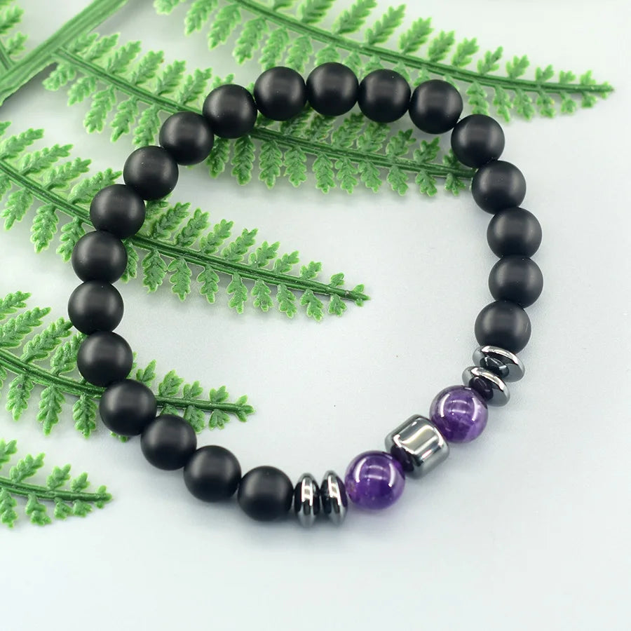 Natural Amethyst Crystal Beads Bracelet Women Hematite Cylinder Meditation Healing Purify the Soul Jewelry Pulseras Hombre Gift  (GoldenCity)