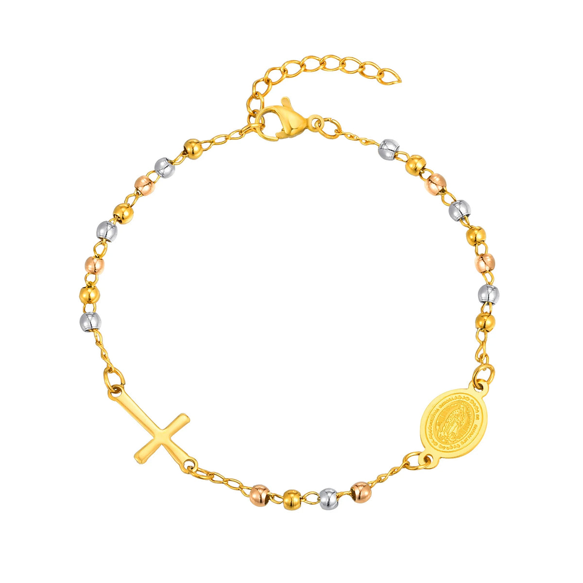 Metal Virgin Mary Saint Benedict Cross Bracelet, Stainless Steel Bead Pearl Chain Bracelets For Women Religious Jewelry  (GoldenCity)