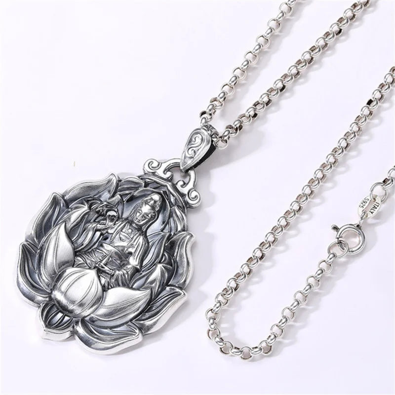Retro Avalokitesvara Pendant Men Jewelry Maitreya Buddha Necklace Male Amulet Lotus Statue Necklaces Lady  (GoldenCity)