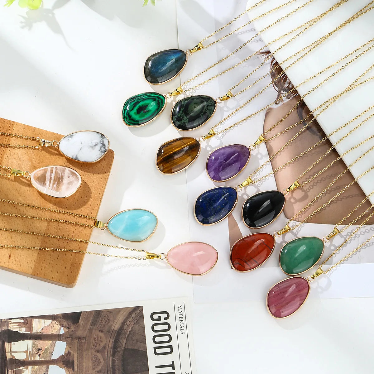 1pc Natural Stone Irregular Pendant Necklace Pink Crystal Amethyst Tiger Eye Necklace Pendant for Women Couple Jewelry Gift  (GoldenCity)
