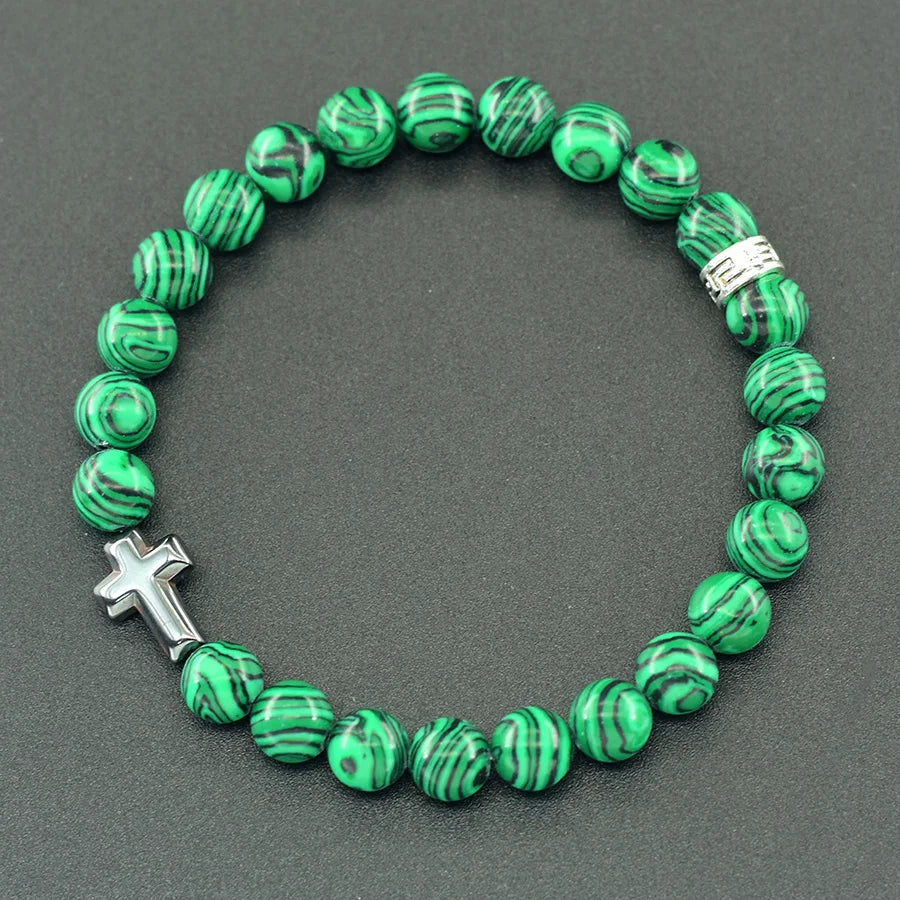 Cross Charm Natural Stone Bracelet Malachite Beaded Bracelet Handmade Men Women Prayer Fitness Chain Couple Matching Jewelry  (GoldenCity)