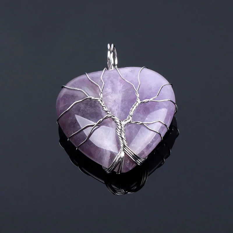 Natural Stone Tree of Life Wire Wrapped Love Heart Necklace Pendant Natural Stone Tiger Eye Pink Quartz Black Agate For Women  (GoldenCity)