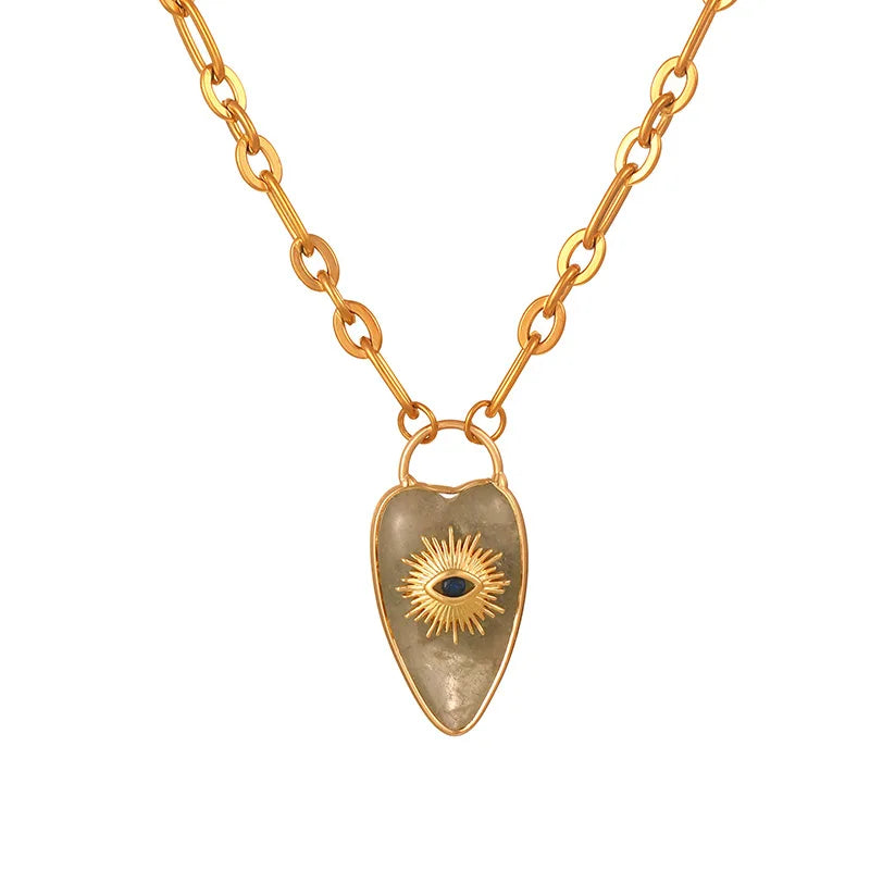 1pc Devil's Eye Heart Natural Stone Pendant Amethyst Pink Crystal Necklace for Women Jewelry Gift  (GoldenCity)