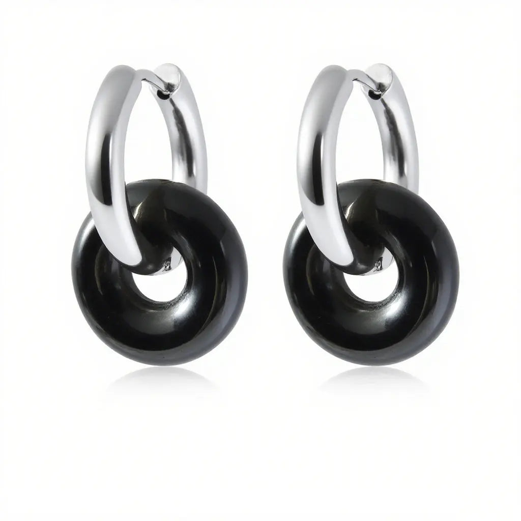 1pair Natural Stone Donut Shaped Stainless Steel Hoop Earrings Ladies Fashion Pink Crystal Agate Malachite Round Women Earrings  (GoldenCity)