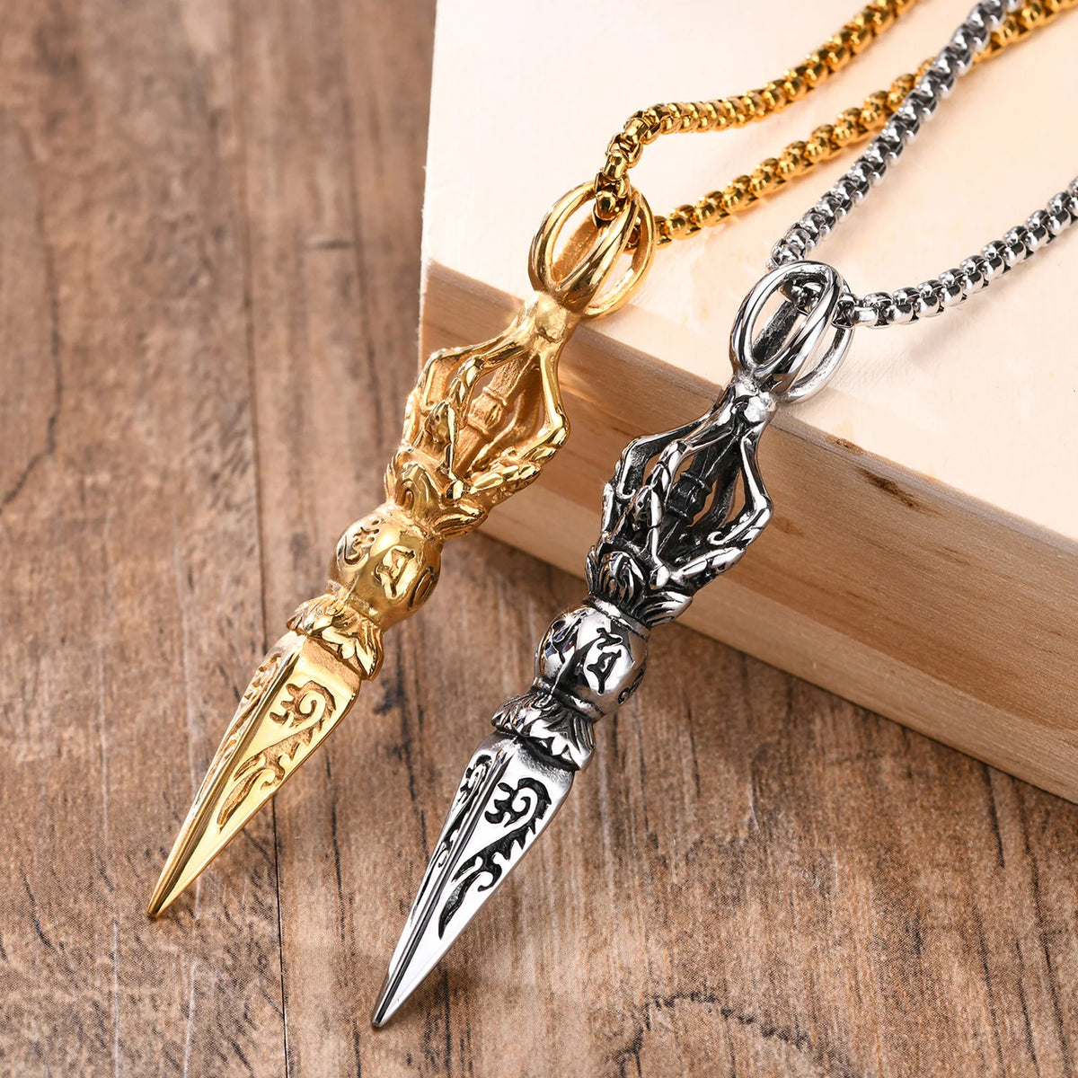 Punk Stainless Steel Tibetan Buddhist Protection Necklaces for Men, Patron Saint Amulet Pendant Prayer Jewelry  (GoldenCity)