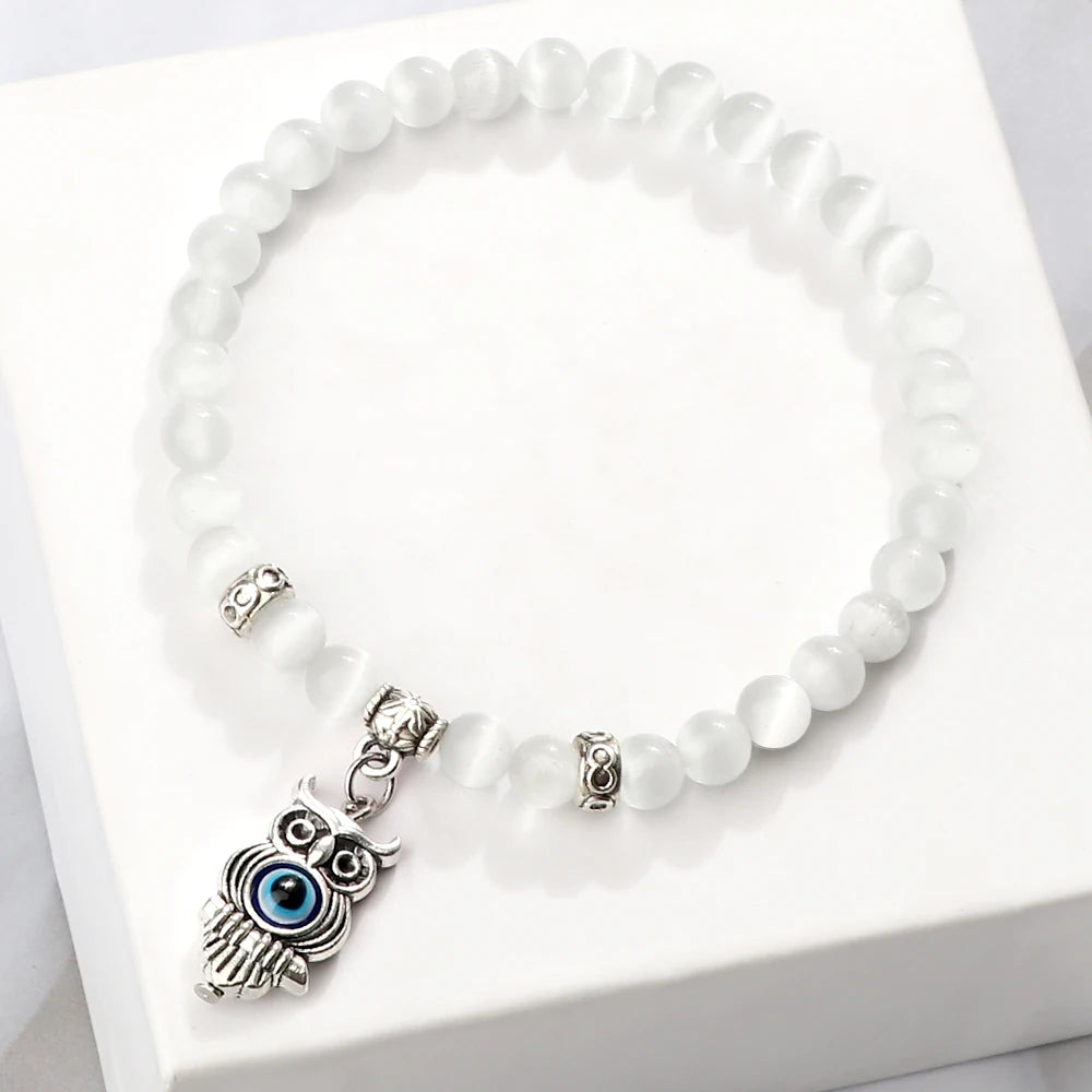 New Charm 6MM White Cat Eye Beaded Bracelet Turkish Evil Eye Butterfly Owl Turtle Pendant Bangles Chain Jewelry Gift for Friend  (GoldenCity)