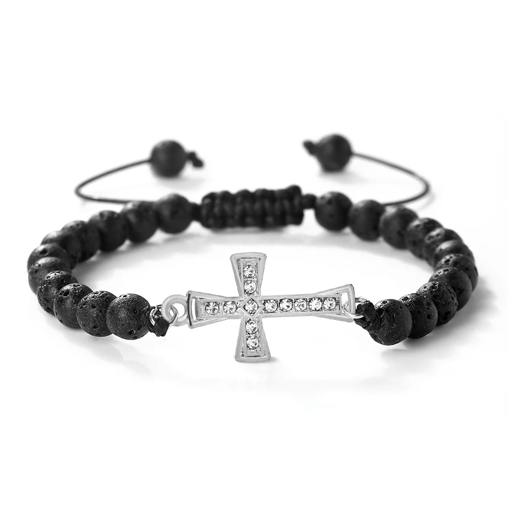 New Charm Jesus Cross Pendant Braided Bracelet 6mm Black Matte Malachite Couple Bracelet Women Men Healing Jewelry Gift  (GoldenCity)
