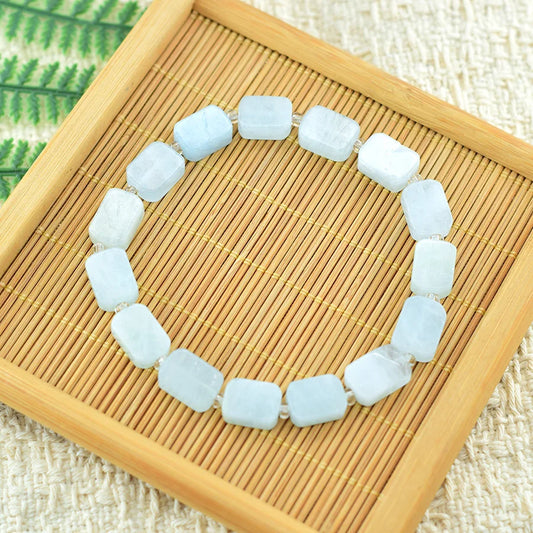 8*12MM Natural Stone Flat Rectangle Aquamarine Bracelet for Women Men Natural Crystal Purfy the Soul Jewelry Gift for Girfriend  (GoldenCity)