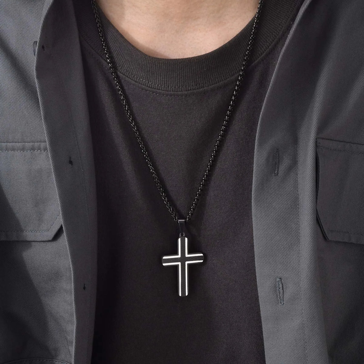 Cross Necklaces for Men, Blue Black Rhombus Stainless Steel with 60cm Wheat Chain, Stylish Cool Christ Jesus Faith Jewelry  (GoldenCity)
