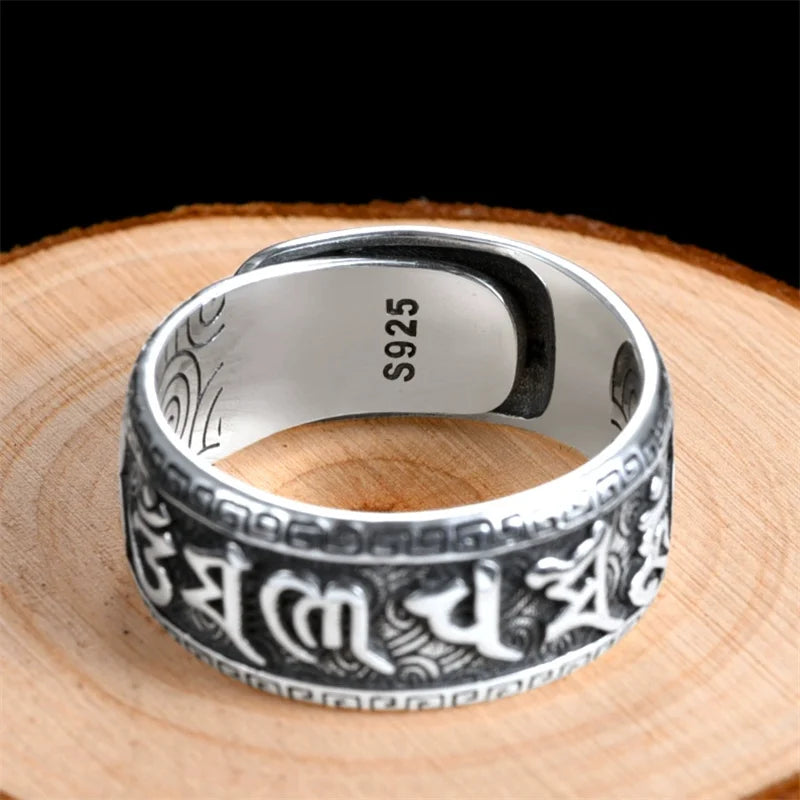 925 Silver Ring Male Finger Accessories Personality Retro Buddhist Scripture Mantra Om Mani Padme Hum Ring For Men Adjustable  (GoldenCity)