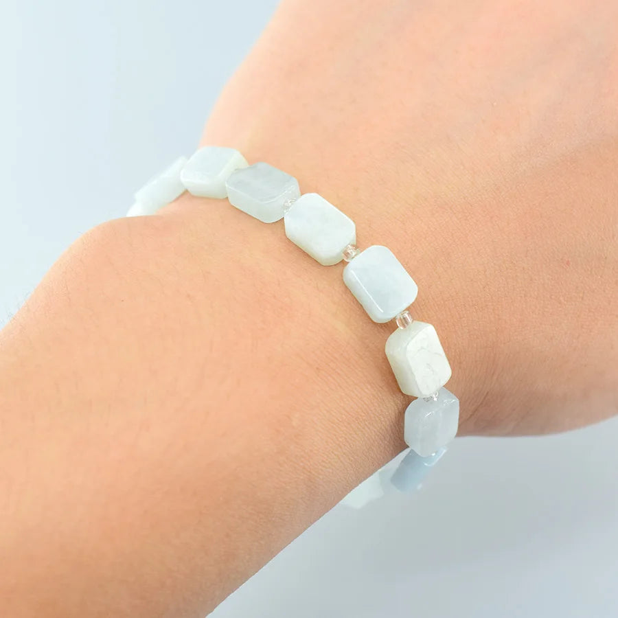 8*12MM Natural Stone Flat Rectangle Aquamarine Bracelet for Women Men Natural Crystal Purfy the Soul Jewelry Gift for Girfriend  (GoldenCity)