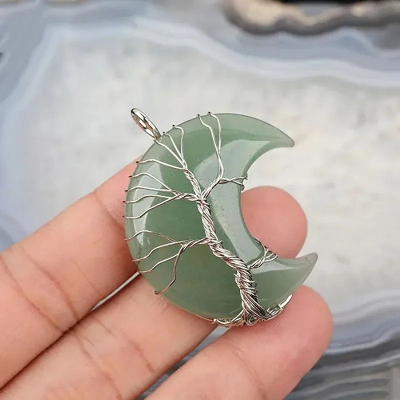 Natural Crystal Pendant Wire Wrap Tree Of Life Big Moon Crescent Mineral Stone Pendulum Amethyst Quartz Necklace For Women Gift  (GoldenCity)