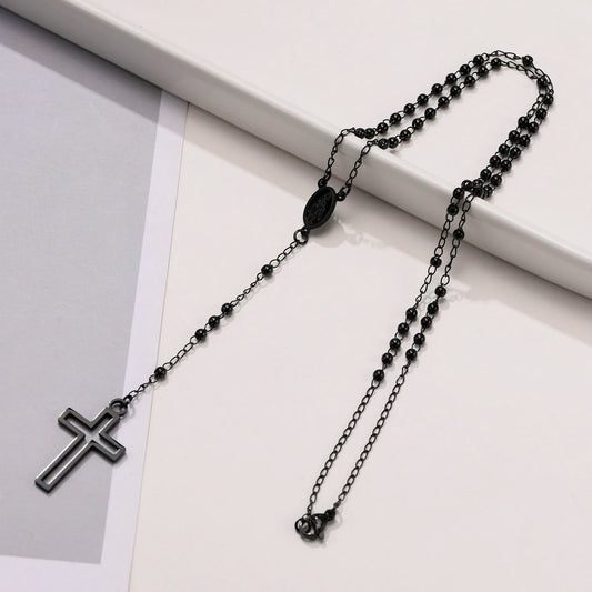 Cross Rosary Necklaces for Women, Hollow Cross Maria Pendant, Stainless Steel Christ Jesus Prayer Jewelry  (GoldenCity)