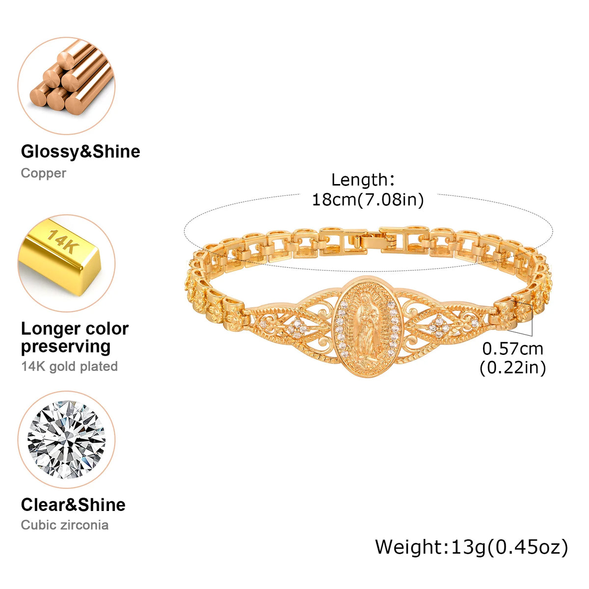 Catholic Bracelet for Women,14k Gold Plated Bracelet,Dainty Cubic Zirconia Religious Baptism Virgin Mary Bracelets Gifts  (GoldenCity)