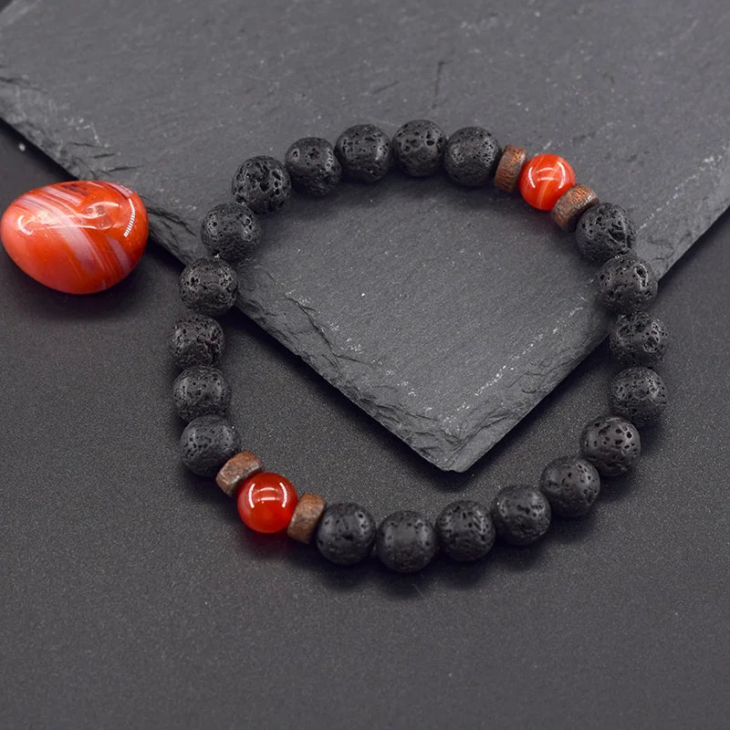 Natural Stone Red Stripe Agate Beads Bracelet Women Men Genuine Red Carnelian Round Bangle Natural Volcanic Stone Bracelet Gift  (GoldenCity)