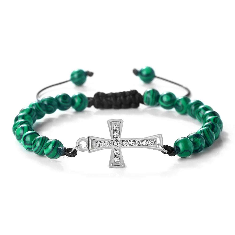 New Charm Jesus Cross Pendant Braided Bracelet 6mm Black Matte Malachite Couple Bracelet Women Men Healing Jewelry Gift  (GoldenCity)